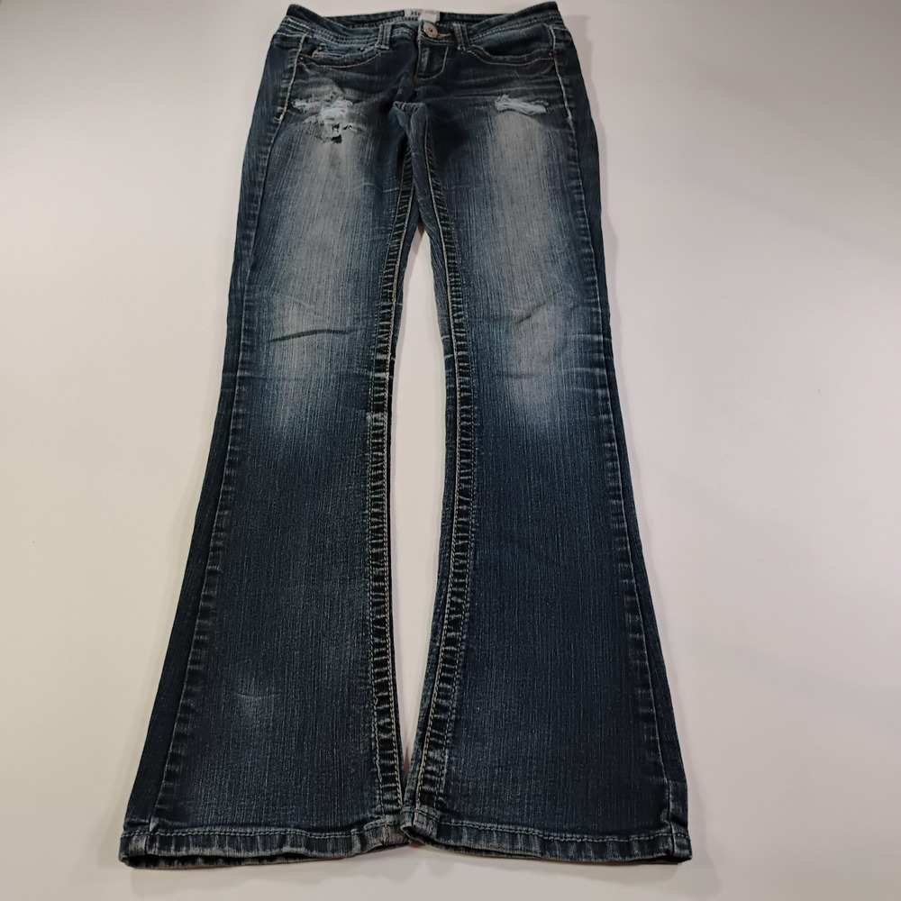 Mudd Straight Leg Bootcut Women's Size 1 Dark Wash Blue Jeans Factory Distressed